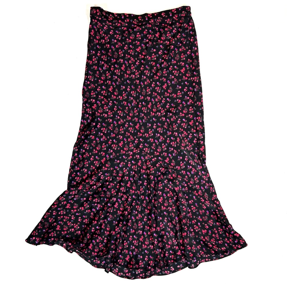 Topshop Black Pink Floral Ditsy Midi Skirt Mermaid Ruffle Hem US 4 27N53RBLK